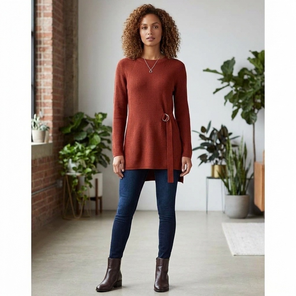 Autumnal DKNY Tunic Sweater Womens XL Rust Orange Ribbed Knit D-Ring Side Tie